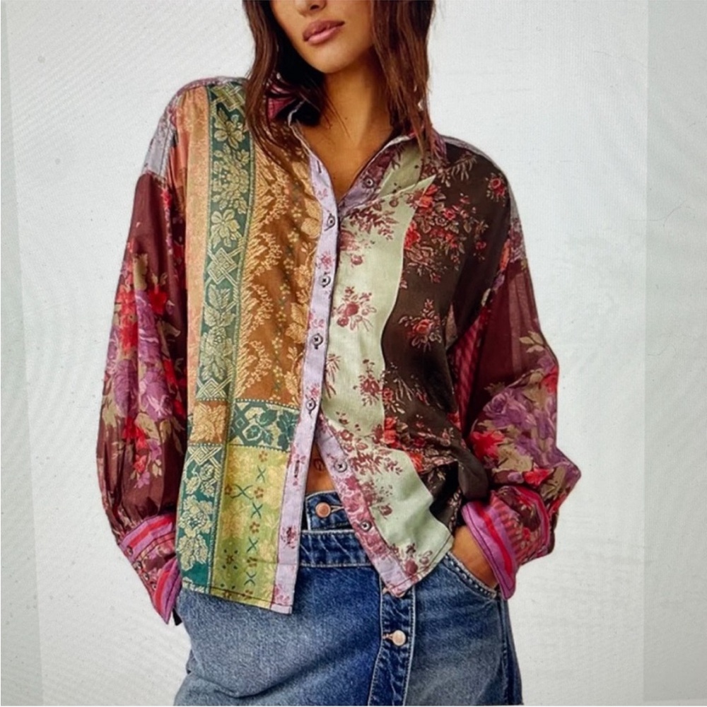 Free People Flower Patch Mixed Media
Patchwork Button Down Floral Top - Picture 2 of 5